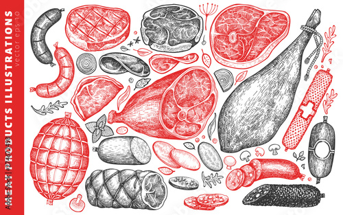 Vintage vector meat products illustration set. Hand drawn ham, sausages, jamon, meat steak, spices and herbs. Meat food ingredients. Can be use for label, restaurant menu.