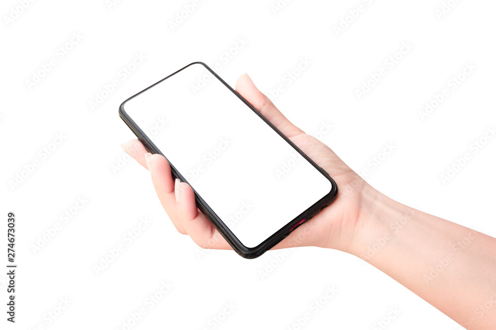 Woman hand holding the black smartphone Woman hand holding the black smartphone
