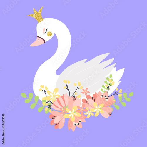 Beautiful white romantic dreaming swan princess with crown and floral flowers bouquet