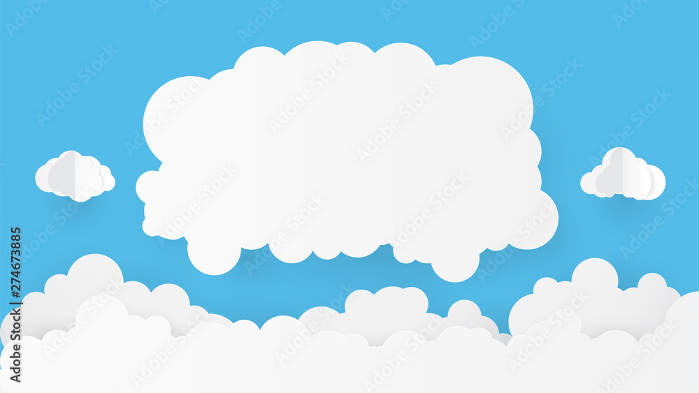 Paper art with cloud on blue sky. Copy space. Speech Bubble, White blank hanging.
