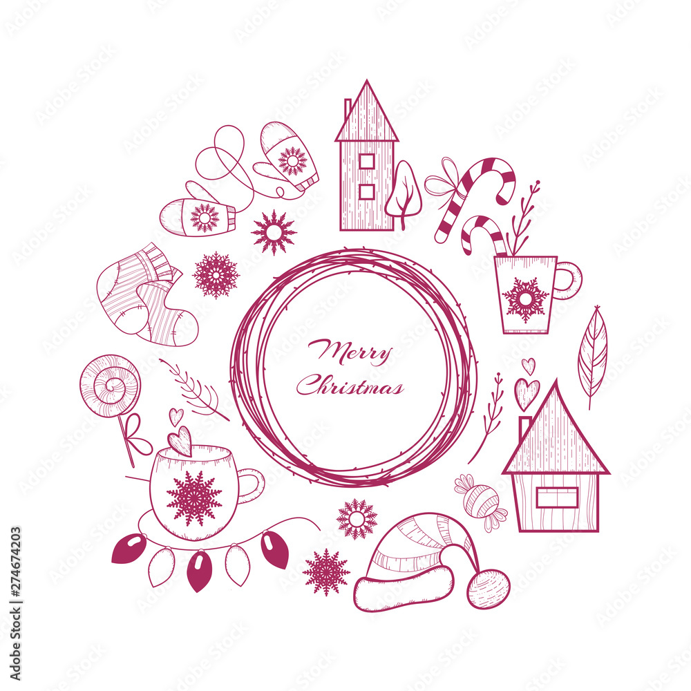 Set of Christmas and new year items - mittens, snowflakes, socks, candies, mugs, houses, frame, garland, Santa Claus hat and other objects. Hand-drawn linear illustration. Doodle sketch. Vector Set of Christmas and new year items - mittens, snowflakes, socks, candies, mugs, houses, frame, garland, Santa Claus hat and other objects. Hand-drawn linear illustration. Doodle sketch. Vector