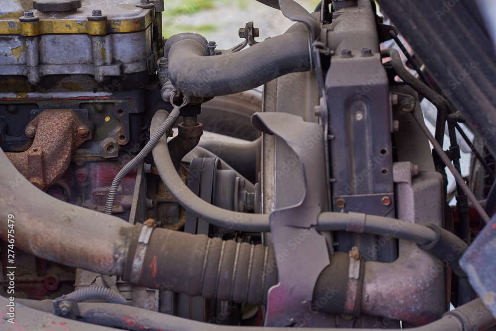 diesel engines , spare parts inside trucks and special equipment from Japan close up diesel engines , spare parts inside trucks and special equipment from Japan close up