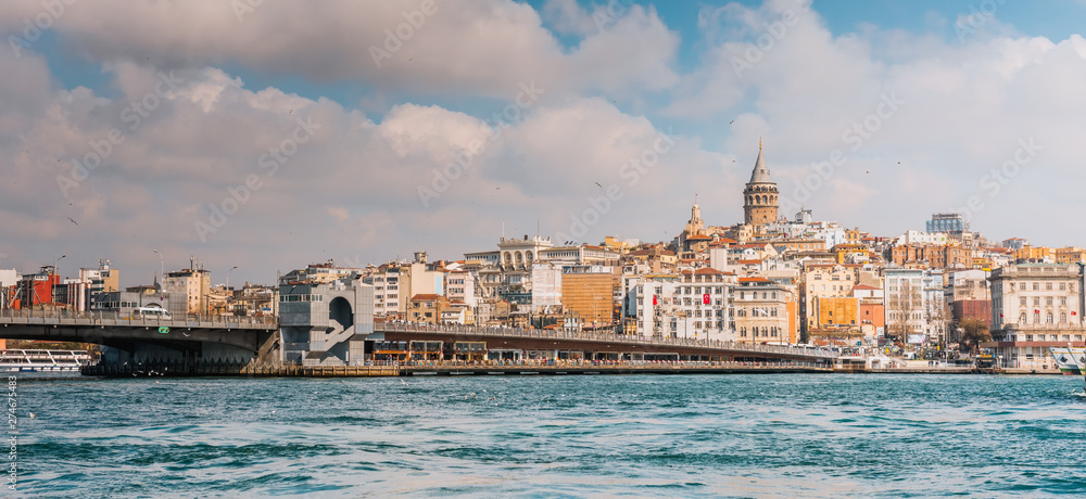 Istanbul, view from the sea to Galata tower and city