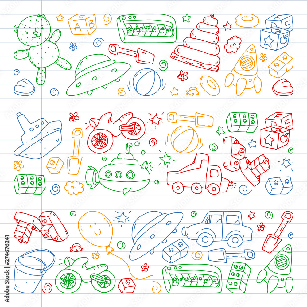 Vector pattern with kindergarten, toy children. Happy children illustration. Drawing on a notebook in a exercise notebook.