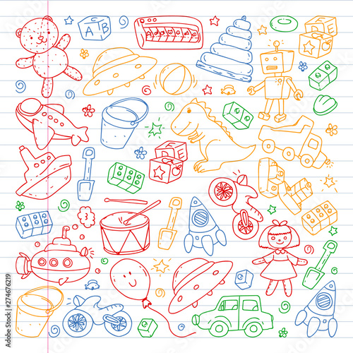 Vector pattern with kindergarten, toy children. Happy children illustration. Drawing on a notebook in a exercise notebook.