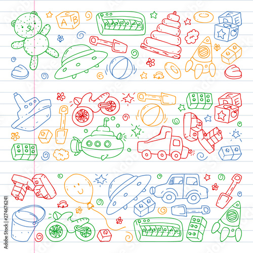 Vector pattern with kindergarten, toy children. Happy children illustration. Drawing on a notebook in a exercise notebook. © Cepheia