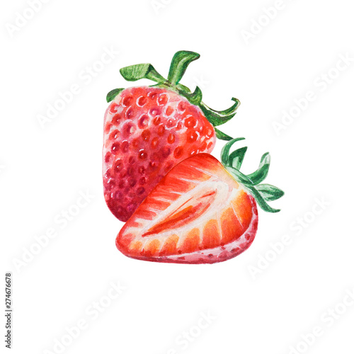 Watercolor red juicy strawberry with half berry. Food background, painted bright composition. Hand drawn food illustration. Fruit print. Summer sweet fruits and berries.