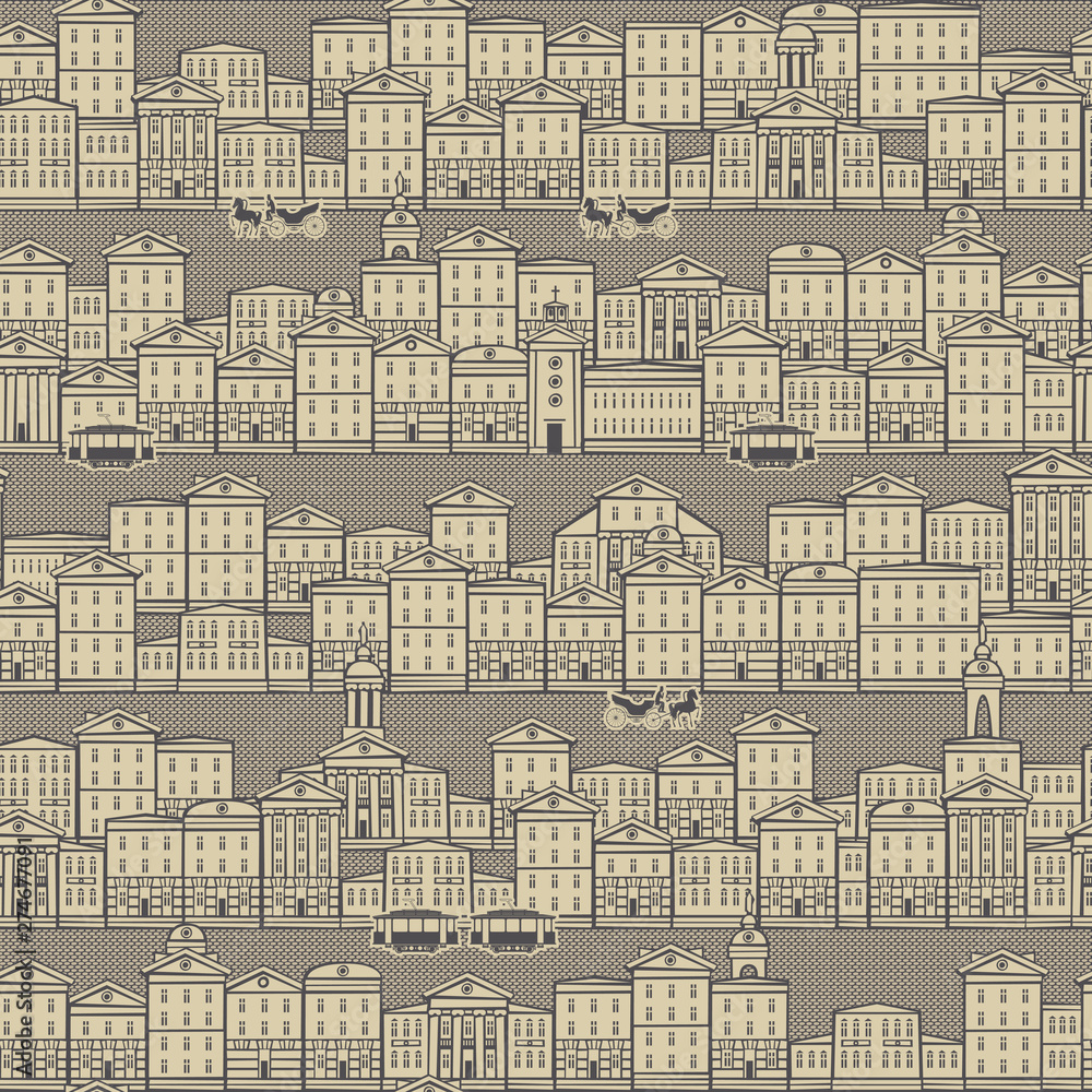 Vector seamless pattern with old hand drawn houses in retro style. Cityscape background, can be used as wallpaper, wrapping paper, textile, fabric