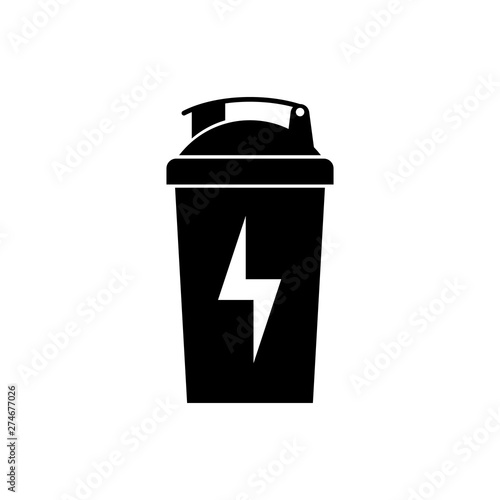 Black Fitness shaker icon isolated on white background. Sports shaker bottle with lid for water and protein cocktails. Vector Illustration