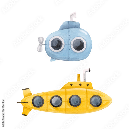 Watercolor submarine vector illustration