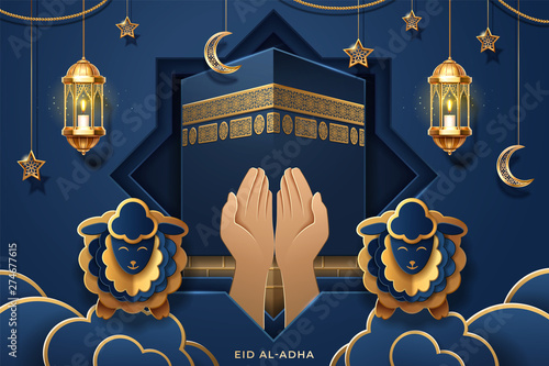 Prayer palms or hands in front of Kaaba for Eid al-Fitr or al-Adha, ul-Adha greeting card. Mecca Ka’bah holy stone and sheeps, lantern and crescent for muslim or islam holiday or festival. Religion