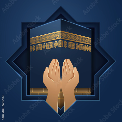 Kaaba place with hands of prayer. Mecca holy stone and palms of religious man. Ka’hab background for al-Adha or Eid ul-Adha holiday, sacrifice festival, ramadan. Salah praying card or sign. Religion