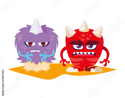 funny monsters couple comic characters colorful