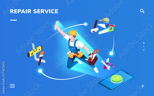 Isometric page for smartphone repair service application. Worker for apartment renovation or foreman with tools for construction or home fixing. Interior repairman, phone with fix button.Landing page