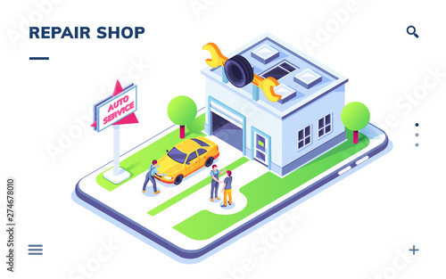 Isometric car service with auto and mechanic. Automobile repair or paint isometry garage with tyre, tire. Transport maintenance or diagnostic, tuning or spare parts station.Smartphone application page