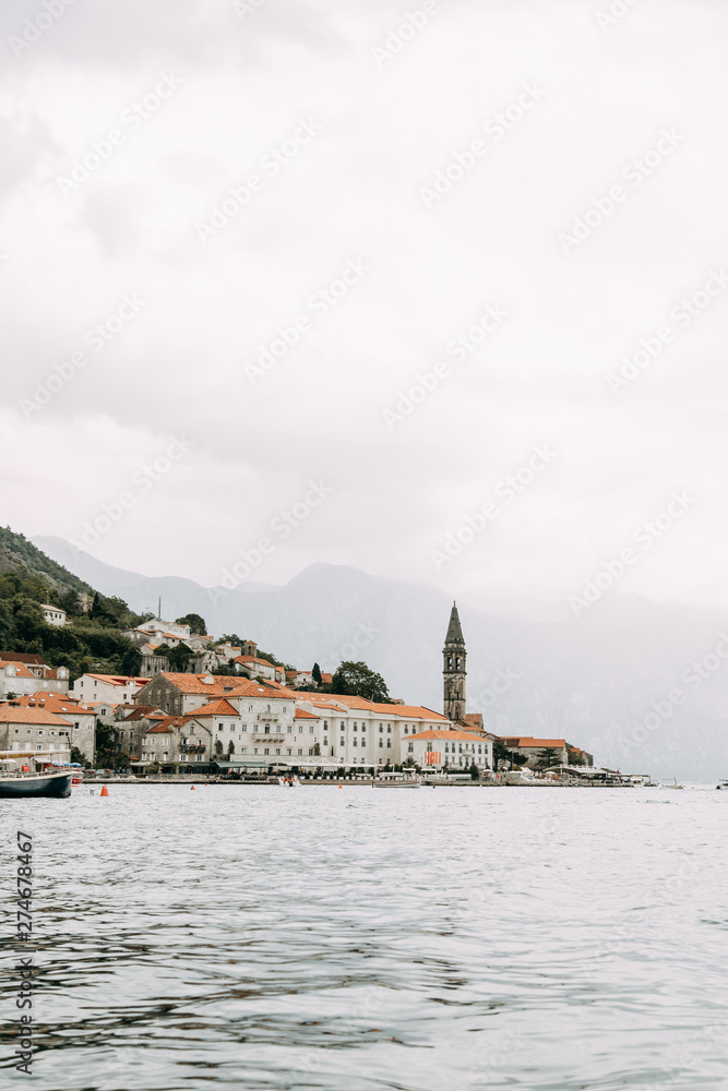  Streets and sights of the old town. Panorama of the city of Perast in Montenegro.