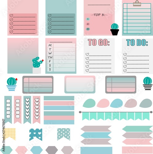 Bright female calendar planner with stickers for the organized diary. Vector