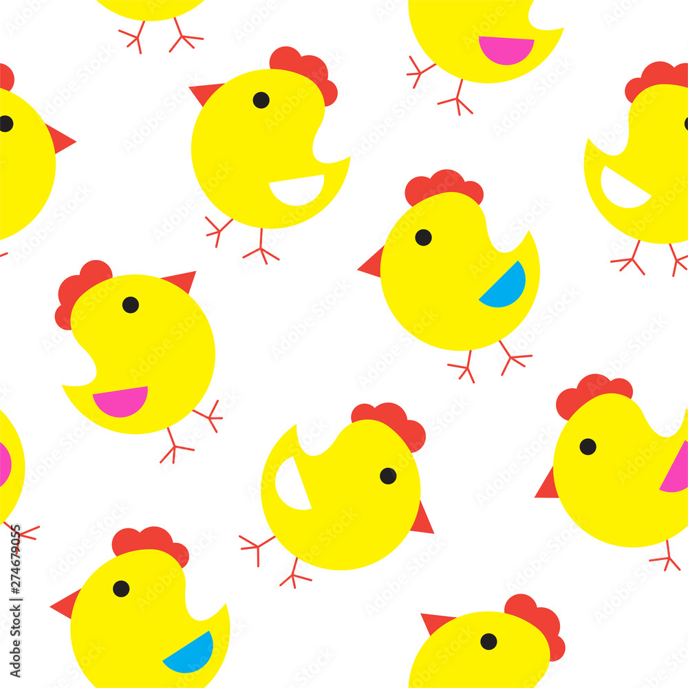 Cute yellow chicks seamless pattern flat background