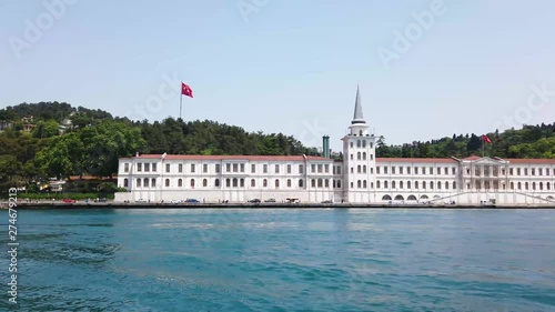 Kuleli Military High School is the long white building with red roof and two tower on Anatolian side of Bosphorus Istanbul, Turkey.