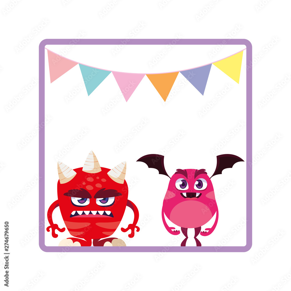 square frame with funny monsters and garlands hanging square frame with funny monsters and garlands hanging