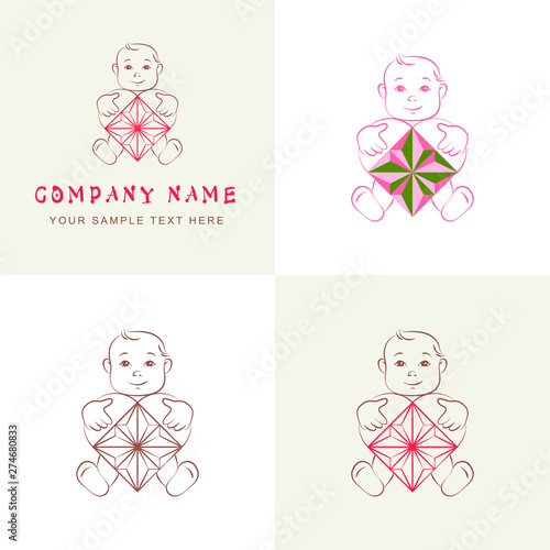 Logo of a seated child holding a heart is a geometric, stylized diamond shape. photo