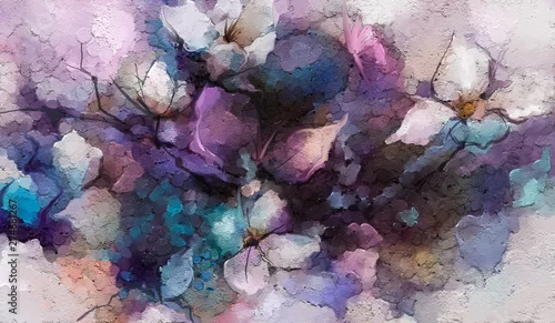 Obraz Abstract colorful oil, acrylic painting of spring flower. Hand painted brush stroke on canvas. Illustration oil painting floral for background. Modern art paintings flowers with purple red color.