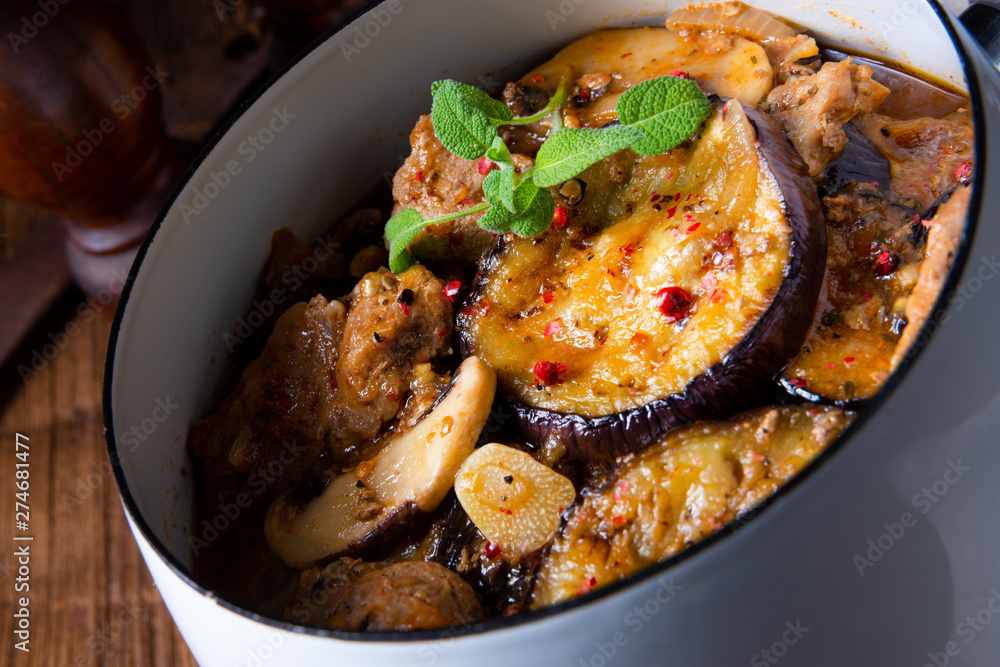 Veal goulash with baked aubergine and herbs Veal goulash with baked aubergine and herbs