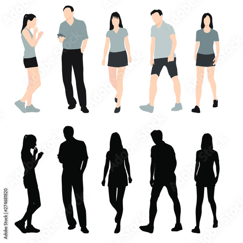 Set of silhouettes of men and women standing and walking in different poses, cartoon character, group business people, vector illustration, flat designe icon, isolated on white background