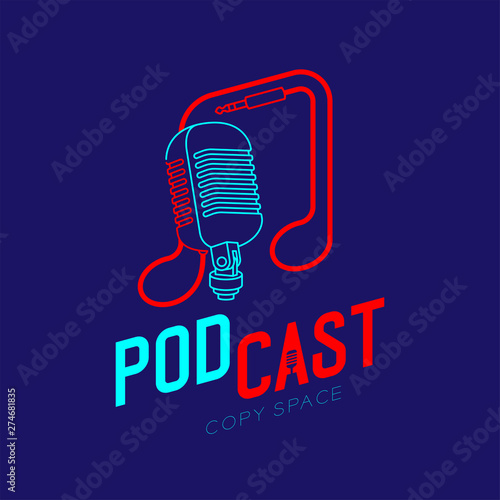 Retro Microphone logo icon outline stroke with music note cable dash line design, podcast internet radio program concept illustration isolated on dark blue background with PODCAST text, vector