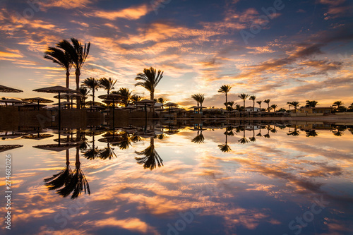 Beautiful romantic sunset over a sandy beach and palm trees. Egypt. Hurghada.