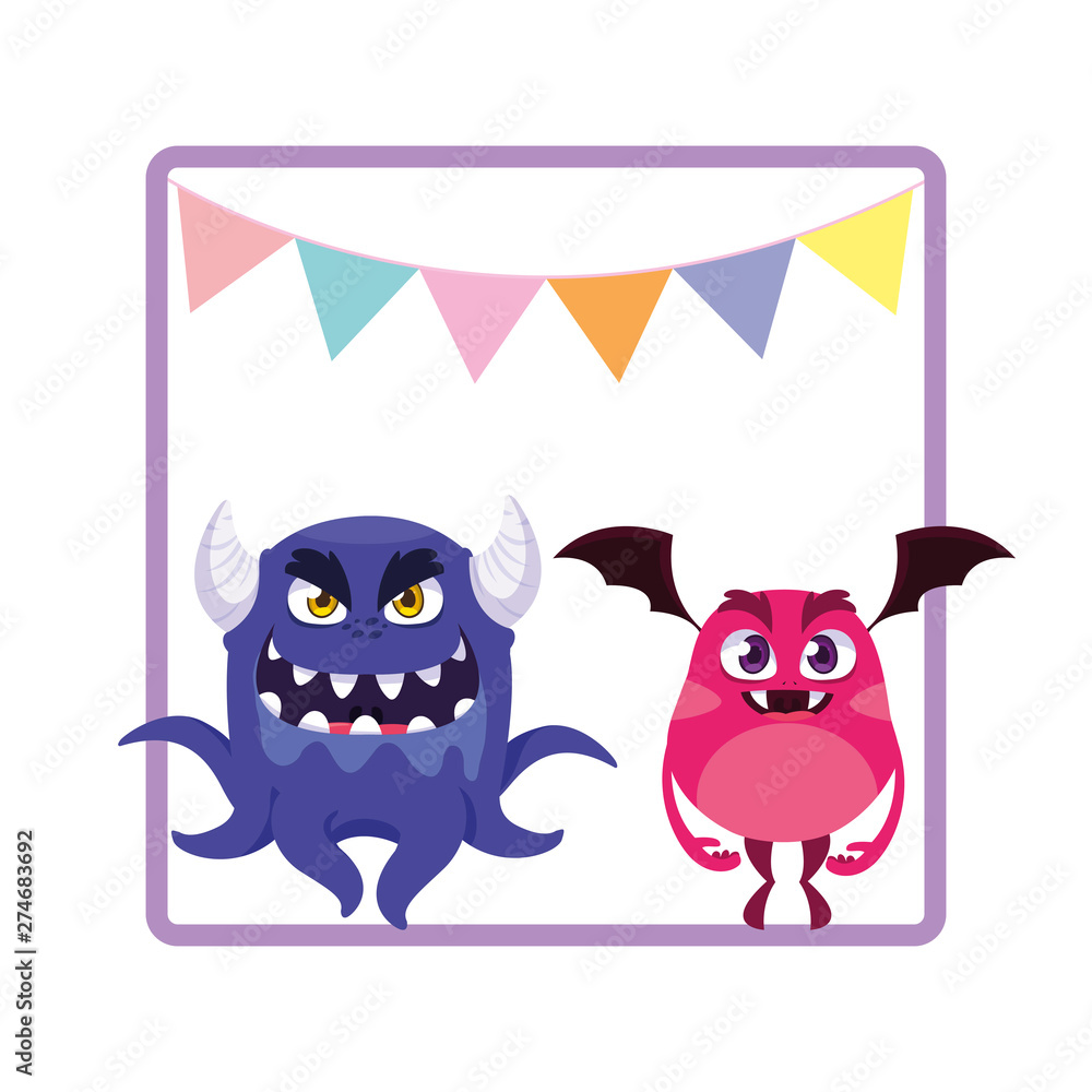 square frame with funny monsters and garlands hanging square frame with funny monsters and garlands hanging