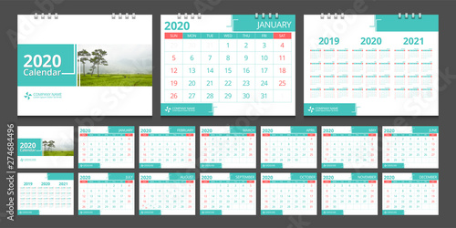 2020 calendar set week start Sunday corporate design template vector.