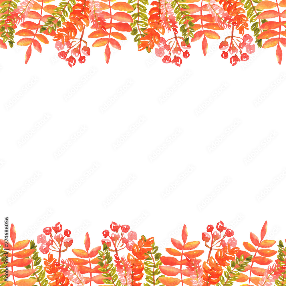 Watercolor illustration of the edges of autumn leaves and sprigs of rowan red orange shades. seamless frame. Watercolor illustration of the edges of autumn leaves and sprigs of rowan red orange shades. seamless frame.