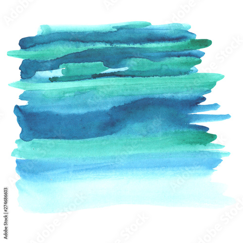 Illustration of watercolor blot from stripes of blue green emerald flowers on a white background.