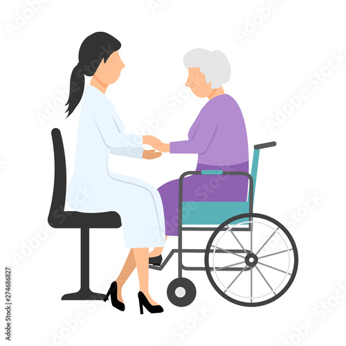 Doctor talking with elder woman sitting on wheelchair illustration