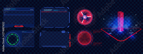 HUD UI GUI futuristic user interface screen isolated elements set. High tech screen for video game. Sci-fi concept design. Callouts titles isolated on blue. Vector illustration