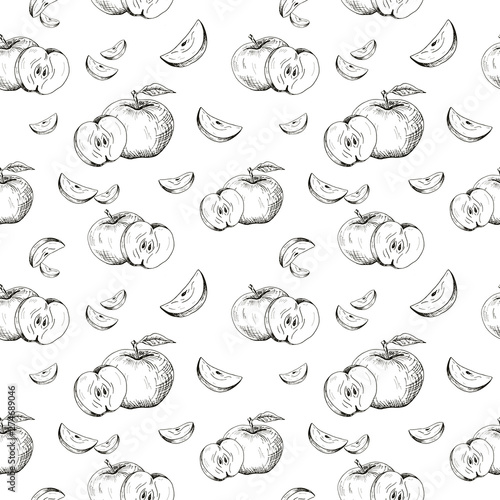 Apple background. Seamless pattern of hand-drawn black apples on white background. Sketch style vector backdrop.