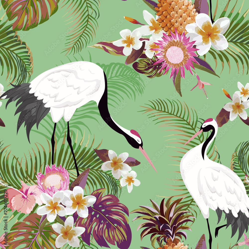 Seamless Pattern with Japanese Cranes and Tropical Flowers, Retro Floral Background, Fashion Print, Birthday Japanese Decoration Set. Vector Illustration Seamless Pattern with Japanese Cranes and Tropical Flowers, Retro Floral Background, Fashion Print, Birthday Japanese Decoration Set. Vector Illustration