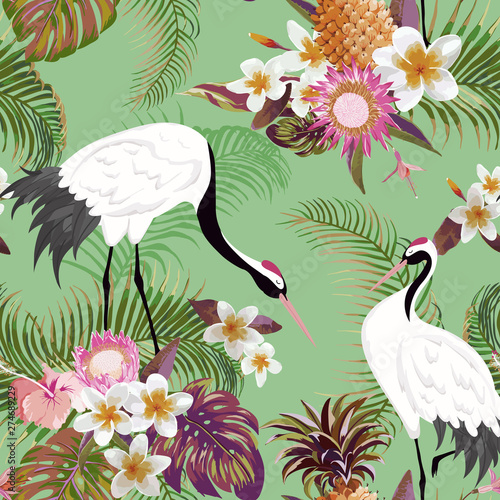 Seamless Pattern with Japanese Cranes and Tropical Flowers, Retro Floral Background, Fashion Print, Birthday Japanese Decoration Set. Vector Illustration