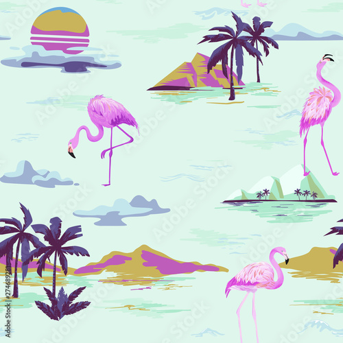 Tropical Flamingo seamless vector summer pattern with tropic palm trees. Bird background for wallpapers, web page, texture, textile.