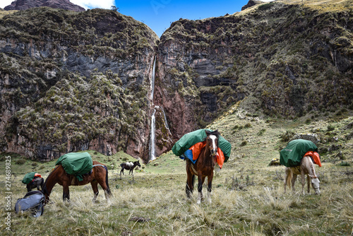 Waterfall in the Qesqa Valley on the Ancasocha trek. Cusco, Peru photo