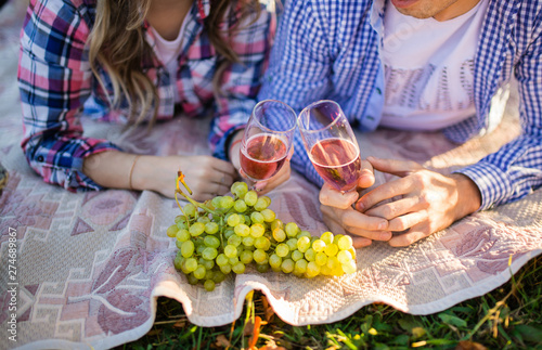 Beautiful young couple enjoying romantic picnic in a park. Relaxing on a picnic blanket and making a toast, drinking red wine.