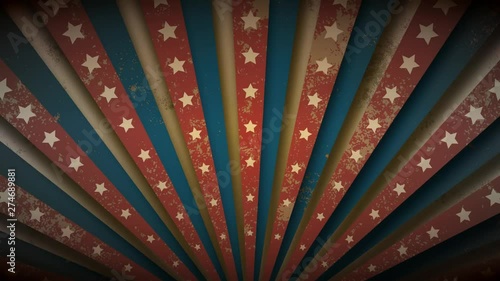 Patriotic US flag, wild west or circus retro grunge vintage sunburst or starburst loopable rotating animation in beige, blue and red stripes with stars