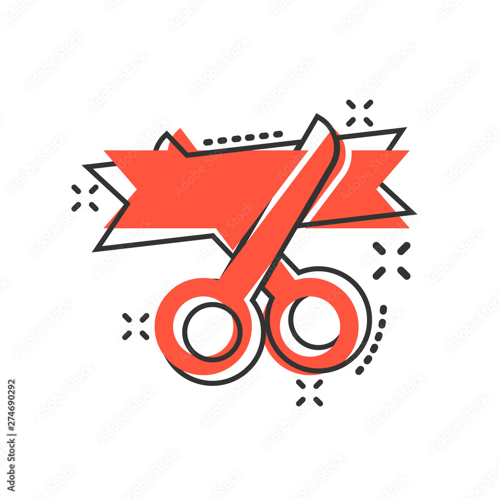 Scissors icon in comic style. Cutting ribbon vector cartoon illustration on white isolated background. Ceremonial business concept splash effect.