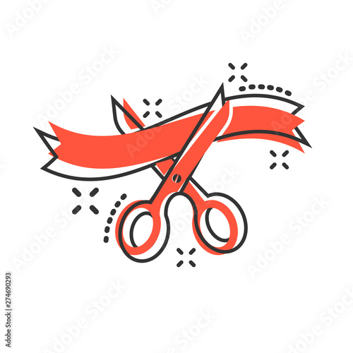 Scissors icon in comic style. Cutting ribbon vector cartoon illustration on white isolated background. Ceremonial business concept splash effect.