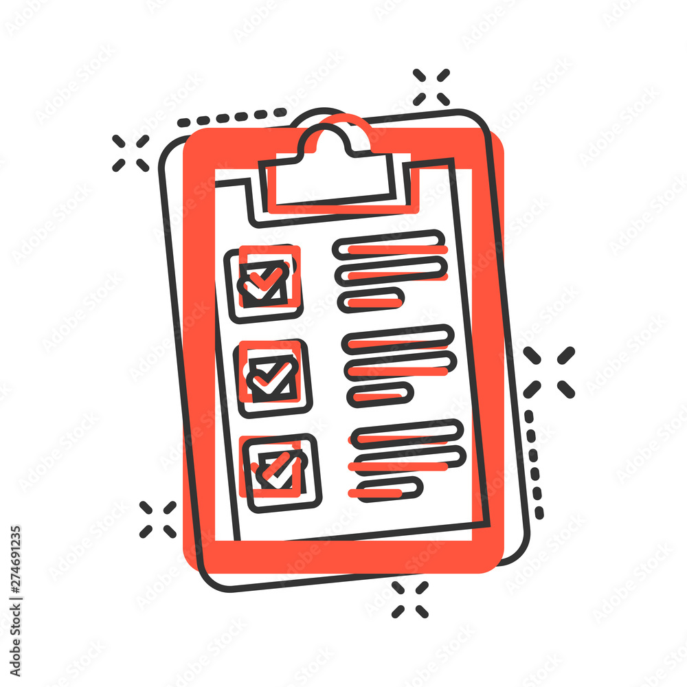 Checklist clipboard sign icon in comic style. Document list vector cartoon illustration on white isolated background. Questionnaire notepad business concept splash effect. Checklist clipboard sign icon in comic style. Document list vector cartoon illustration on white isolated background. Questionnaire notepad business concept splash effect.