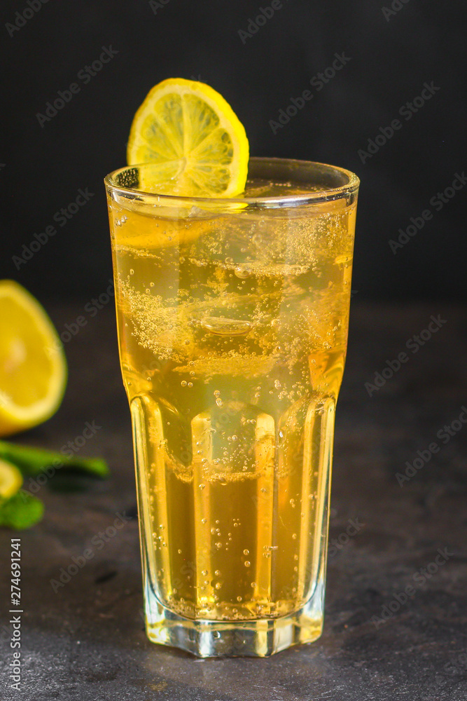 lemonade with lemon and ice (cooling drink). top food background. copy space lemonade with lemon and ice (cooling drink). top food background. copy space