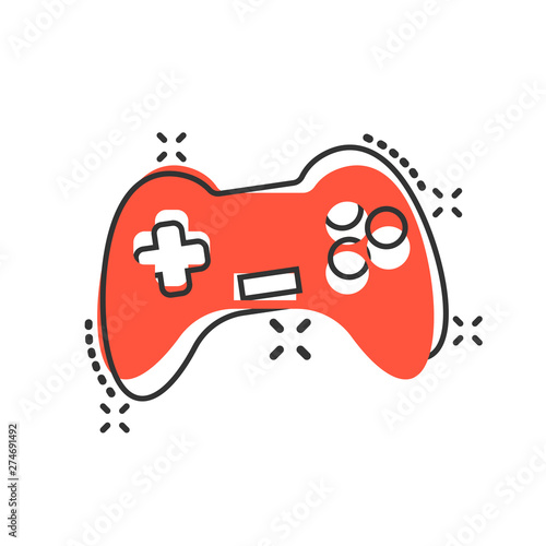 Joystick sign icon in comic style. Gamepad vector cartoon illustration on white isolated background. Gaming console controller business concept splash effect.