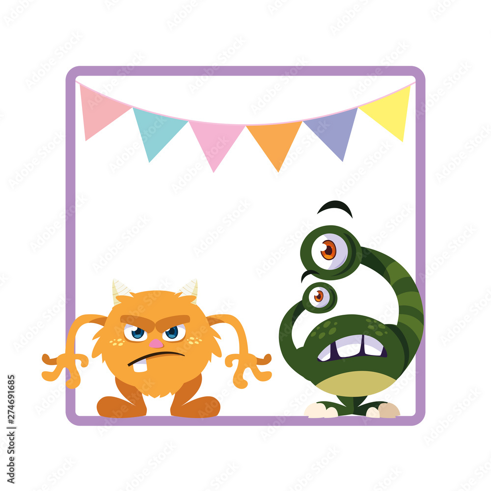 square frame with funny monsters and garlands hanging square frame with funny monsters and garlands hanging