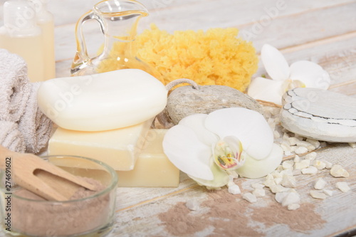 home spa, candles, pumice, natural soap, dry powder for making a face mask,